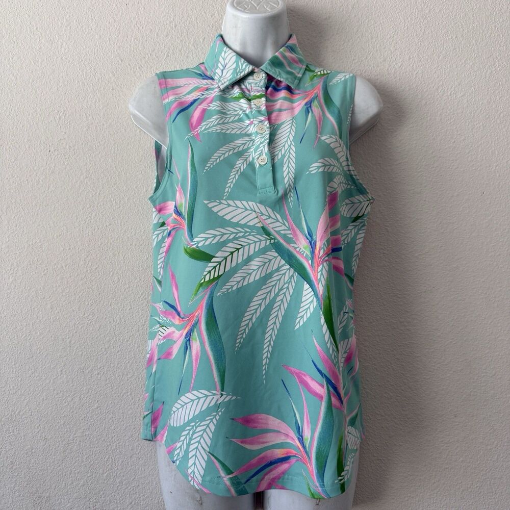 Sunday Swagger Bali Tropical Golf Polo Shirt Women’s XS Sleeveless Mint Pink